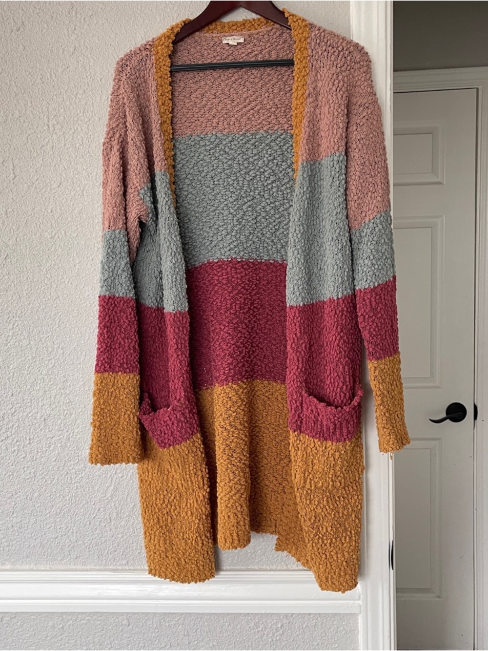 Hem & Thread Colorblock Popcorn Knit Cardigan Boho Oversized Cozy Sweater L